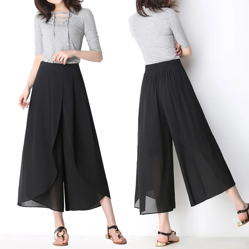 Top Trends: Summer New Chiffon Irregular Wide Leg Pants Elastic Waist Solid Loose All-match Straight Pants Casual Fashion Women Clothing Shoppable Styles - Image 2