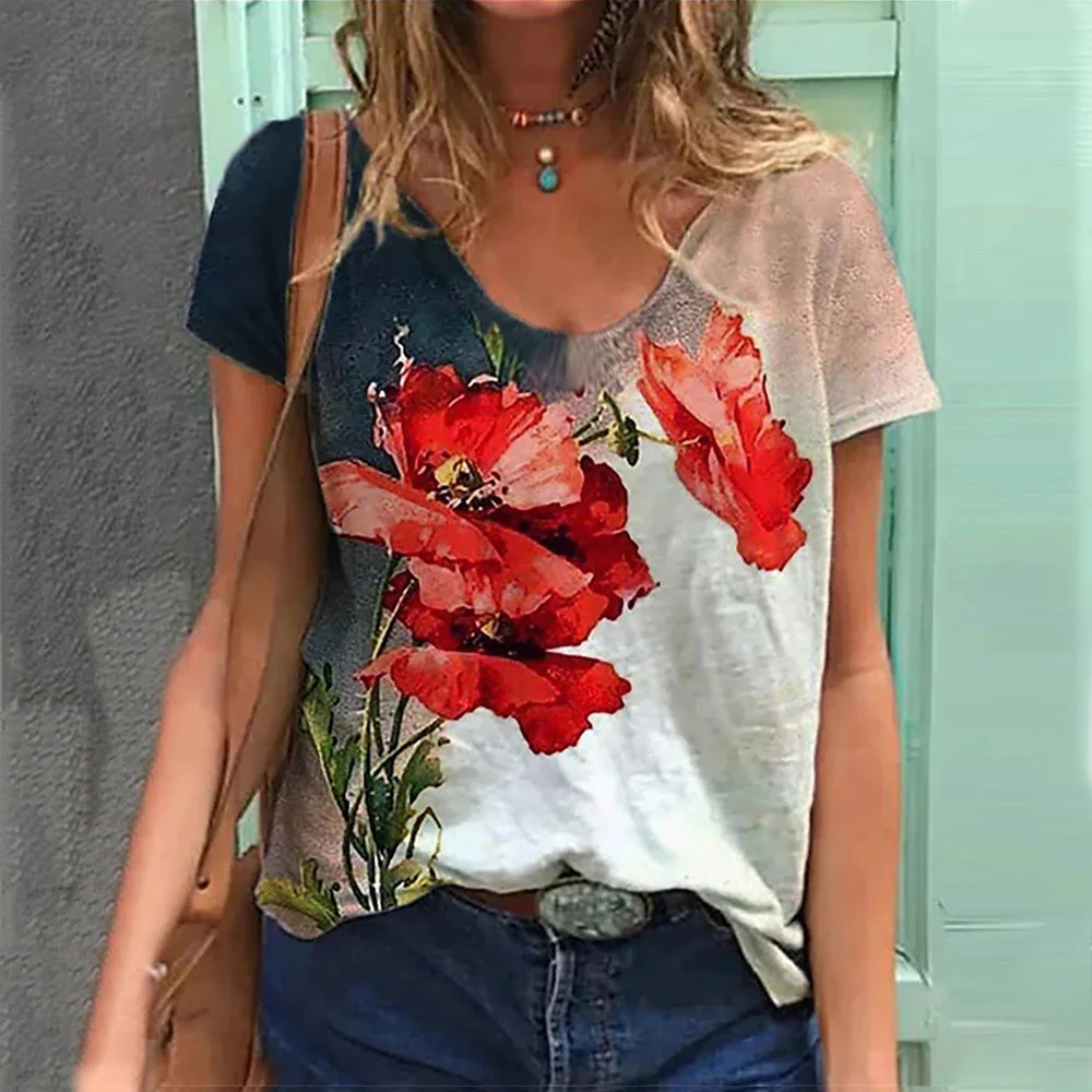 Top Trends: 2022 Women's T-Shirts Fashion Floral Theme T Shirt Floral Plants Tees Summer Clothing Basic Female Tops 3D Print Loose Pullover Shoppable Styles