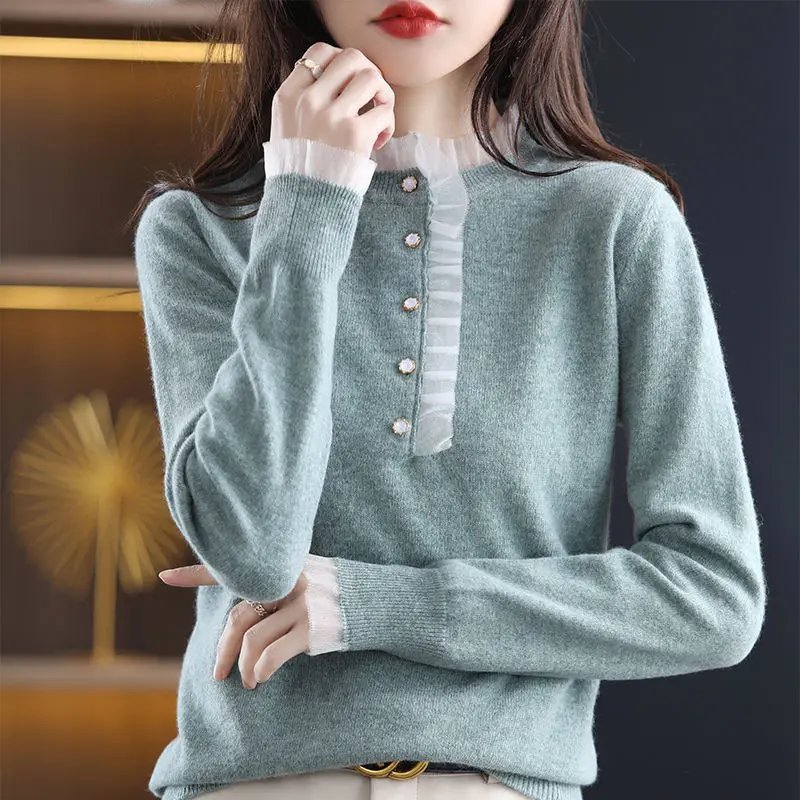 Top Trends: Autumn Winter Sweet Lace Patchwork Sweaters Women Jumper Loose Casual Pullover Elegant Fashion Knitting All-match Female Clothes Shoppable Styles - Image 5