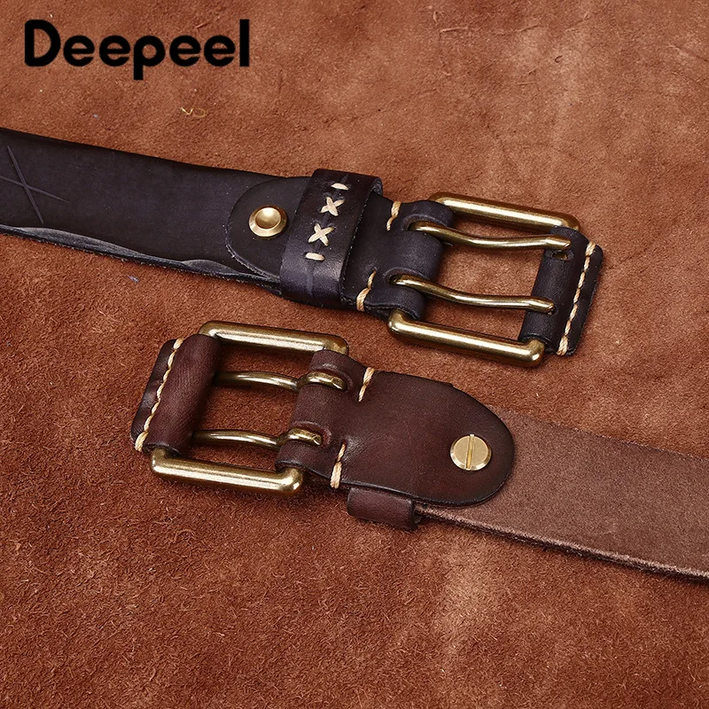 Top Trends: 1Pc Deepeel 3.8*105-125cm Men's Cowhide Leather Belts Vintage Double Needle Buckle Belt Adults Male Wide Waistband With Jeans Shoppable Styles - Image 4