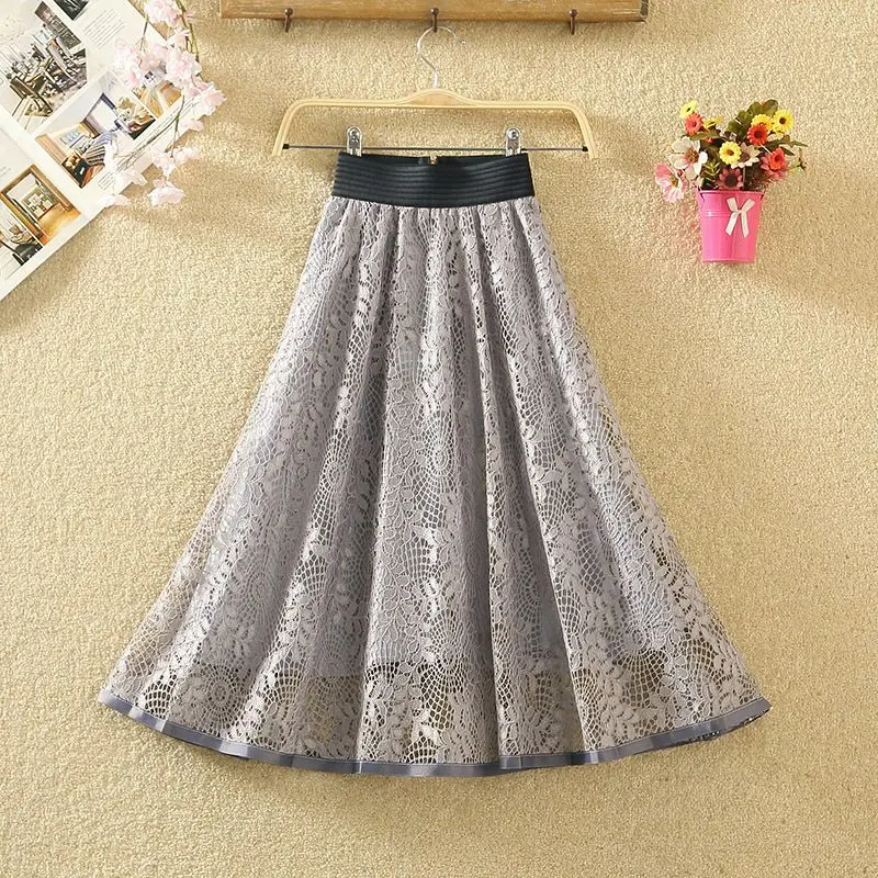 Top Trends: Fashion Embroidered Lace Mid Length Version Skirt Women Summer New Korean Office Solid Color High Waist Slim A-line Skirt Shoppable Styles