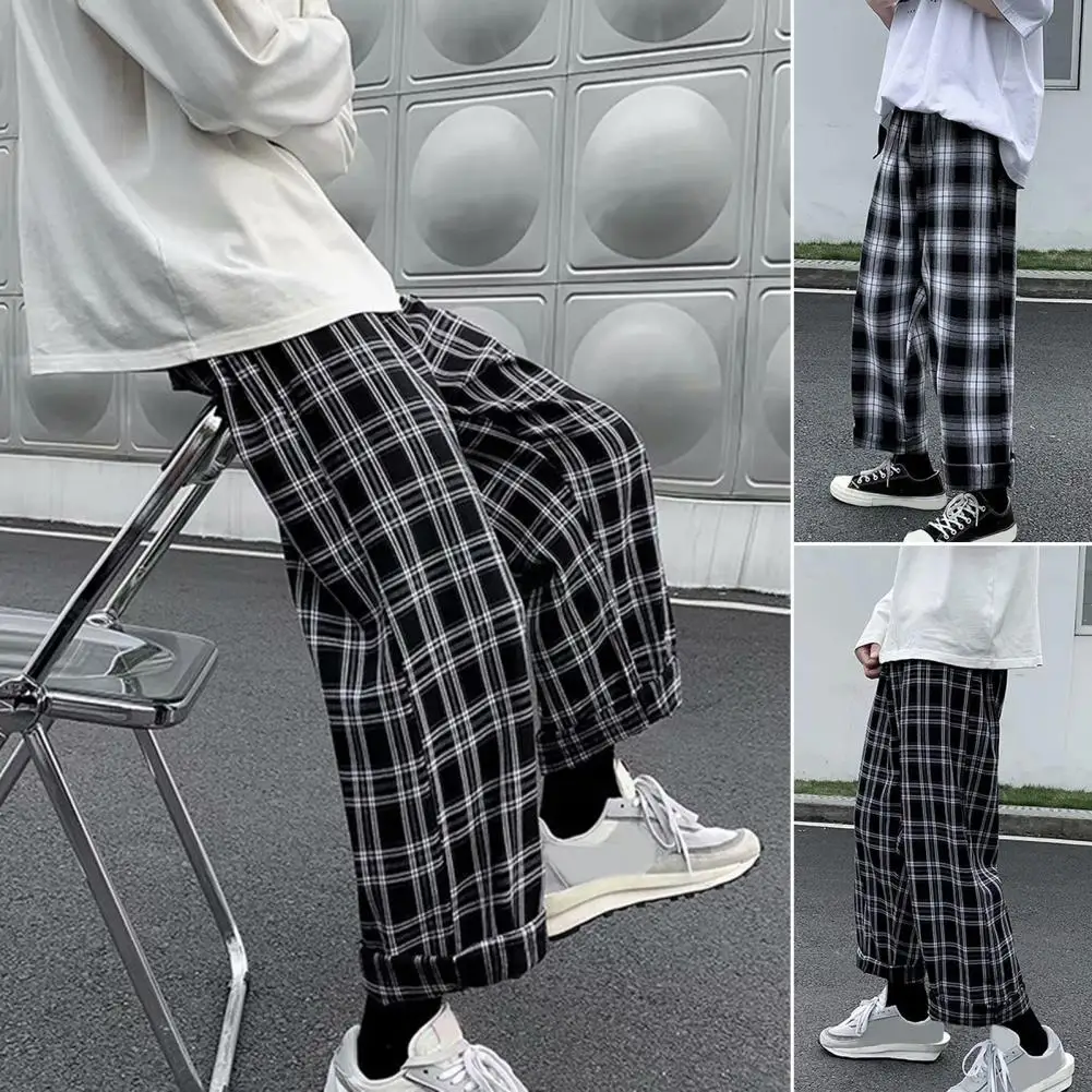 Top Trends: Autumn Men Pants Plaid Streetwear Wide Leg Elastic Waist Loose Sports Pants Trousers Checkered Wide Leg Pants For Travel Shoppable Styles