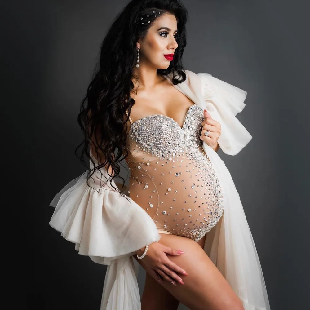 Top Trends: Maternity Photography Sexy Goddess V Neck Rhinestones Pearls Luxurious Stretch Jumpsuits Dress For Photo Shoot Props Shoppable Styles