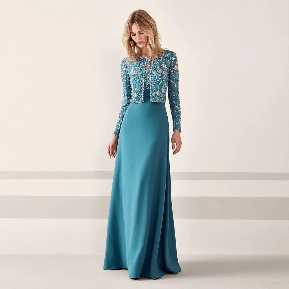 Top Trends: Elegant 2 Piece Boyfriend Mom Party Dress Delicate Blue Crewneck Long Sleevele Beaded Luxurious Wedding Party Evenign Dresses Shoppable Styles