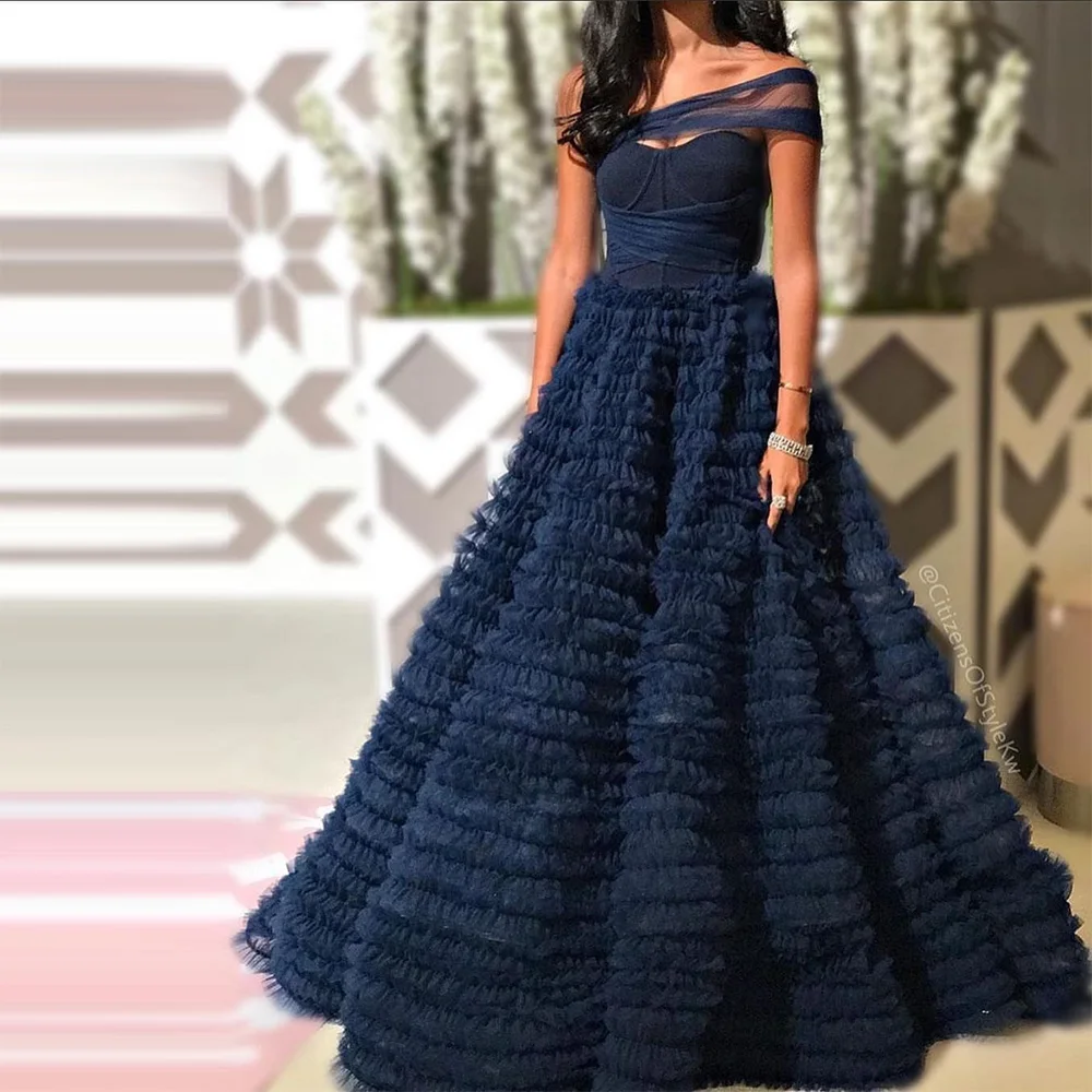 Top Trends: Xijun Navy Blue Tiered Ruffles Tulle Evening Dresses Off The Shoulder Pleat Ruched Saudi Arabic A-Line Prom Gown Formal Dress Shoppable Styles