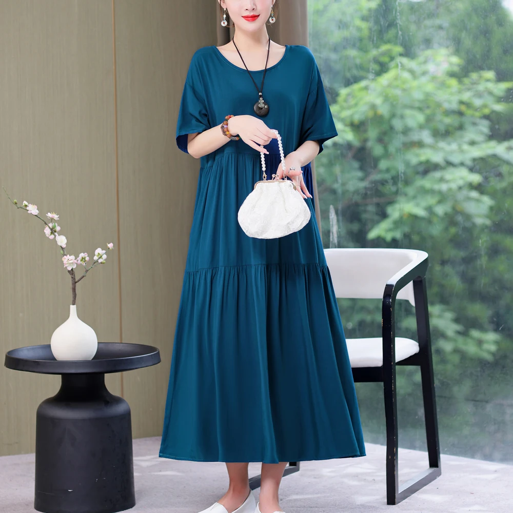 Top Trends: New Fashion 2023 Causal Summer Dresses For Women Loose Solid Long O-neck Dress Vintage Short Sleeve Womens Clothing Shoppable Styles