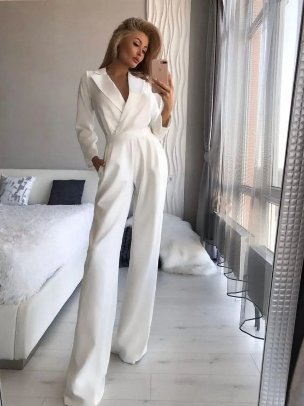 Top Trends: Lady Fashion Solid Color V Neck Tight Formal Office Jumpsuit Women Loose Long Sleeve Wide Leg Pants Elegant Rompers Jumpsuits Shoppable Styles