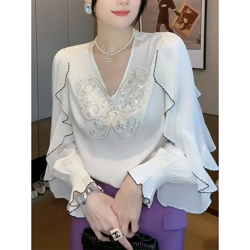 Top Trends: Spring Summer V-neck Butterfly Sequined Ruffles Long Sleeve Shirt Ladies Elegant Fashion Pullover Blouse Women's Clothing Top Shoppable Styles - Image 4