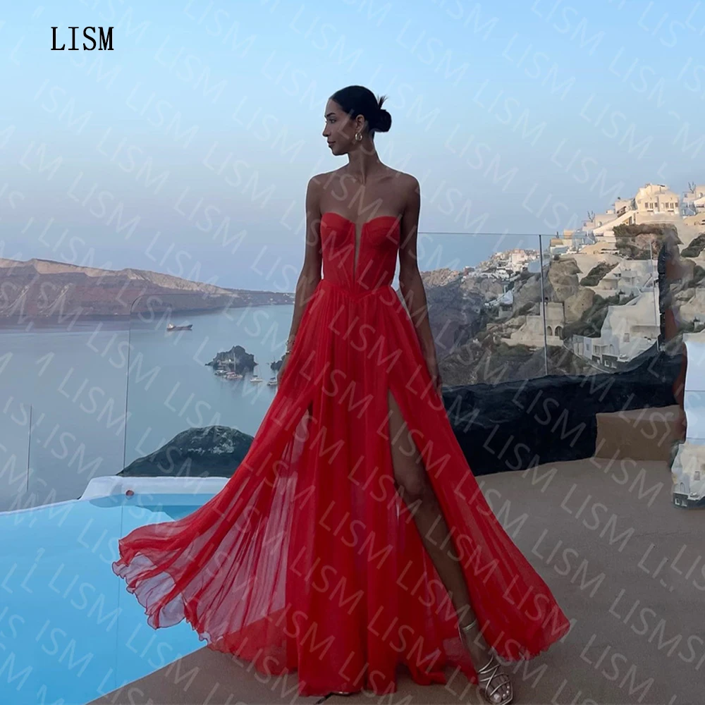 Top Trends: LISM Red A-line Sweetheart Chiffon Side Slit Simple Evening Party Dresses Floor Length Sleeveless Beach Prom Gown Modern 2023 Shoppable Styles