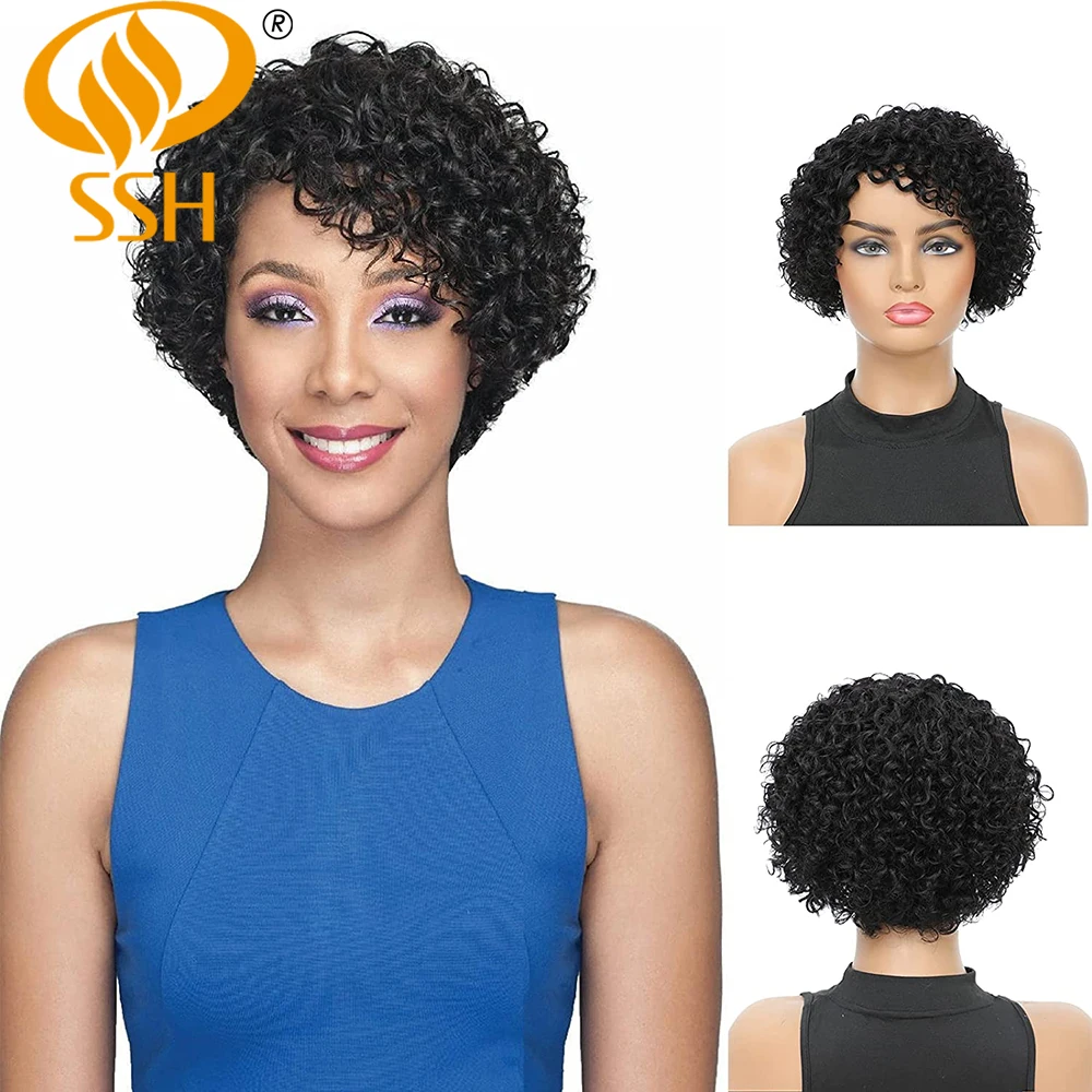 Top Trends: Wear Go Glueles Curly Wigs Short Pixie Cut Human Hair For Women Natural Black Remy Hair 150% Density Cheap Side Part Human Wigs Shoppable Styles