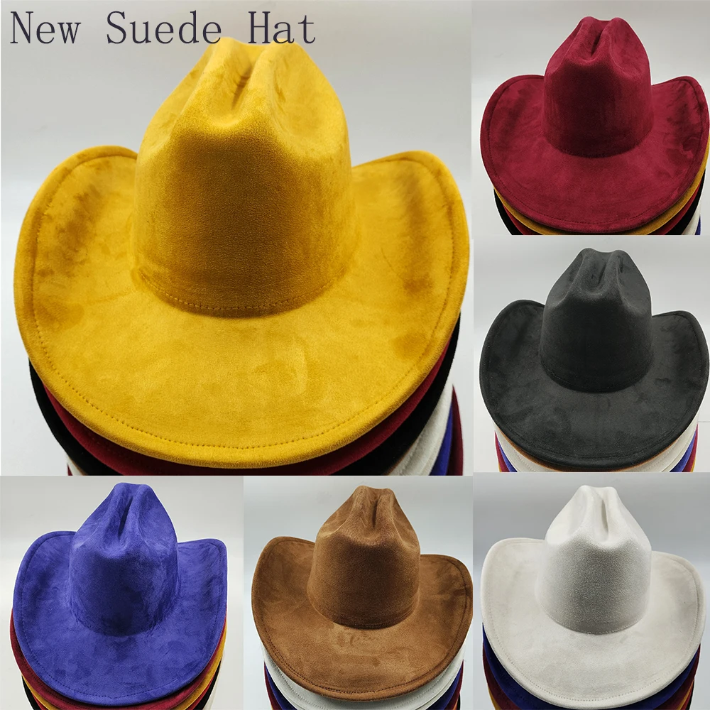 Top Trends: Classical Suede 10CM Large Brim Western Cowboy Fedora Hat For Women Men Church Jazz Hats Fashion Travel Party Hat 2023 Shoppable Styles