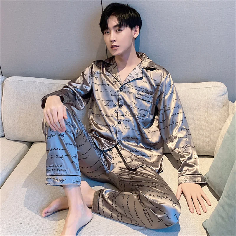 Top Trends: Spring Autumn Men's Simulated Silk Pajamas Set Lapel Long Sleeve Cardigan Pants Loungewear 5XL Plus Size Home Home Clothing Shoppable Styles