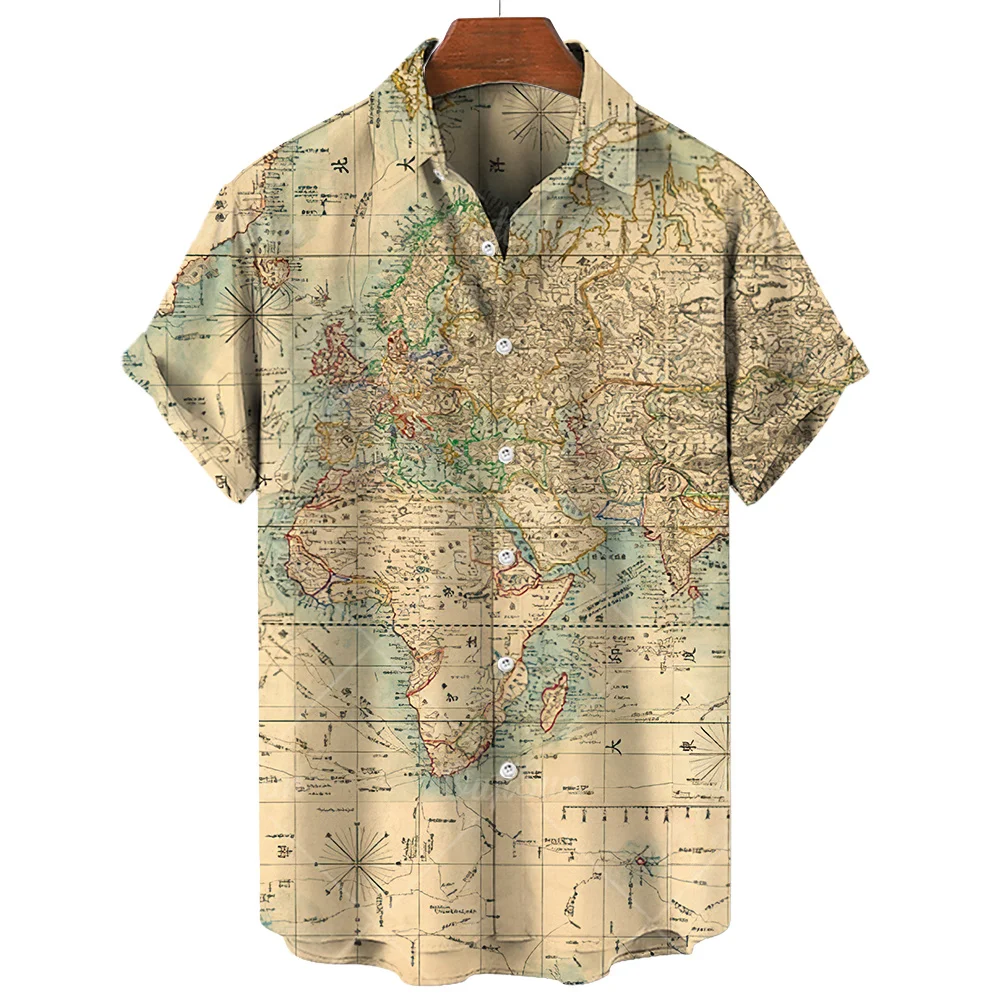 Top Trends: Men's Summer Shirts World Map 3D Printing Oversized Buttons Short Sleeves Loose Casual Fashion European Size Loose Fit Shirts Shoppable Styles