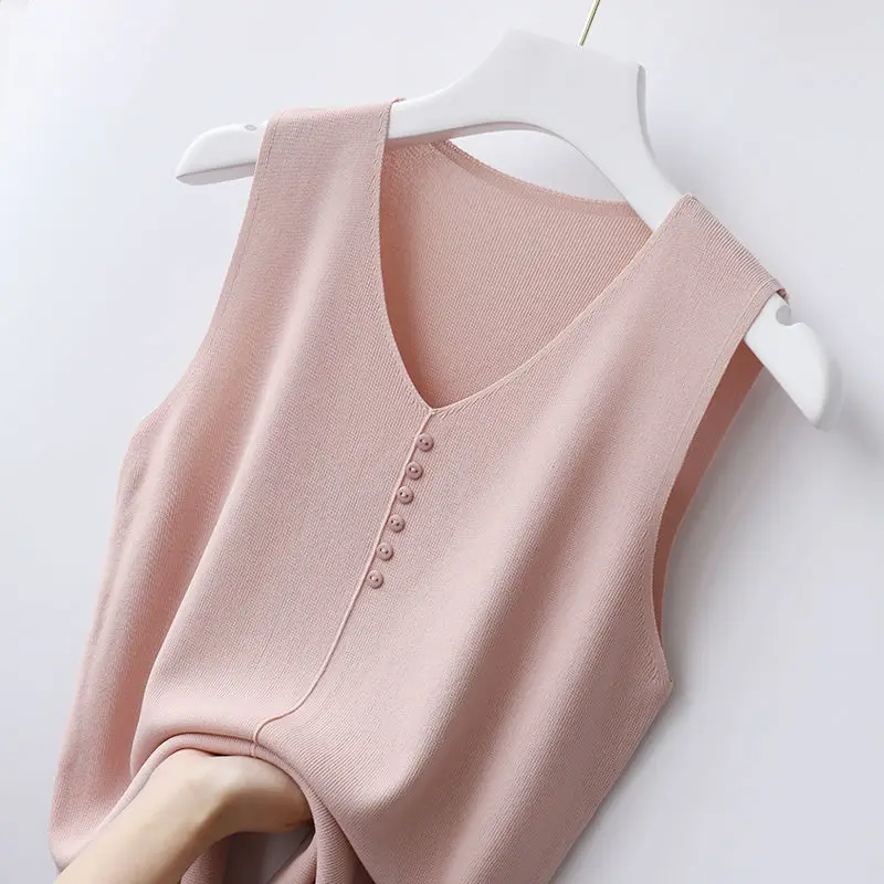 Top Trends: Big Size Koreon Fashion Women Clothing Sleeveless Tank Top Summer Casual Pink Tees Vest Female Basic V-Neck Slim Knitted Tops Shoppable Styles