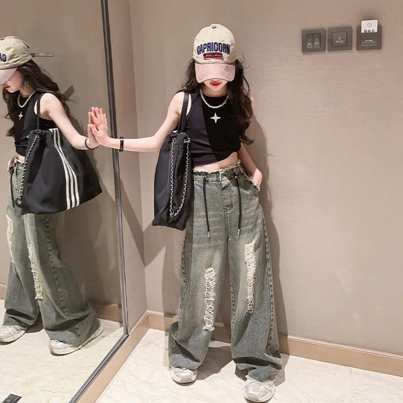 Top Trends: Youth Girls Clothing Set Summer Thin Sleeveless Vest Ripped Jeans 2pcs Children Costumes Wide Leg Pants Streetwear Kids Outfits Shoppable Styles