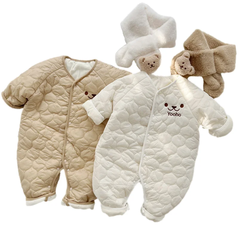 Top Trends: Cute Bear Winter Baby Jumpsuit Scarf Autumn Newborn Romper For Boys Girls Clothes Fleece Toddler Outfit Set Korean Infant Onesie Shoppable Styles