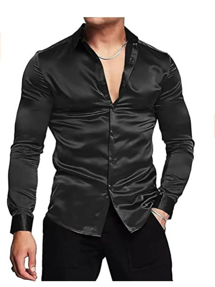 Top Trends: Men's Luxurious Shiny Silk Satin Dress Shirt Long Sleeved Casual Slim Muscle Button-down Shirt Plus Size S-3XL Shoppable Styles