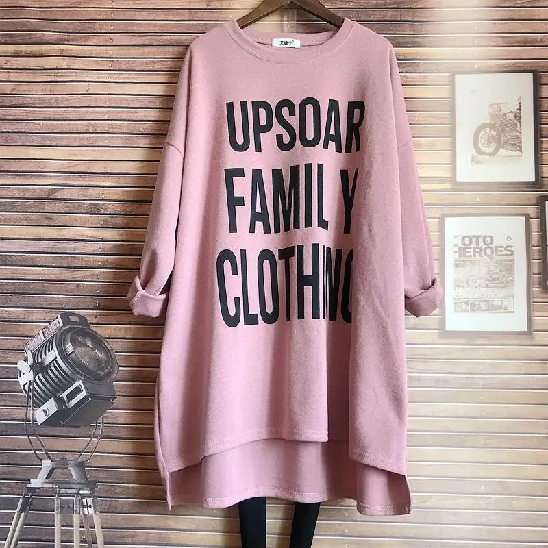 Top Trends: Fashion Printing Letter Loose Mid Length Version T-shirt Women Classic Long Sleeve O-collar All-match Casual Lady Asymmetric Top Shoppable Styles