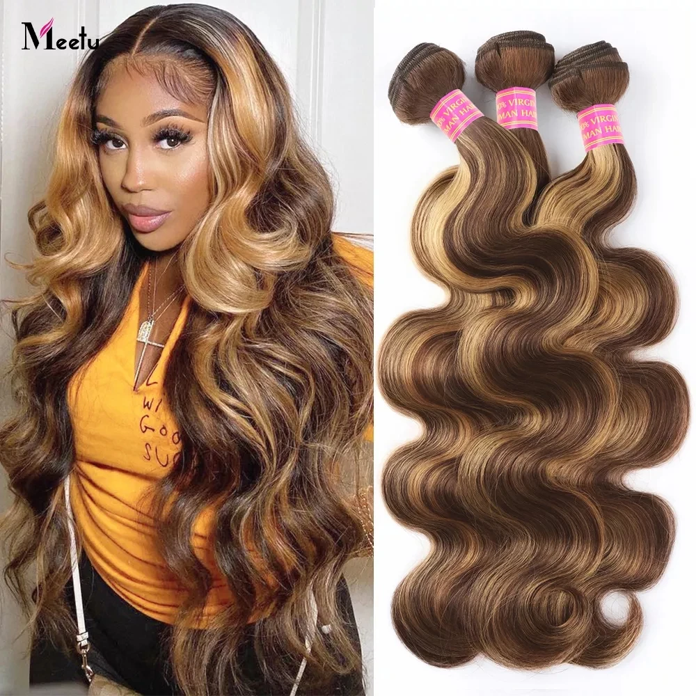 Top Trends: Meetu Highlight Body Wave Bundles Remy Brazilian Human Hair Bundles P4 / 27 Highlight Hair Ombre Piano Color Hair Extensions Shoppable Styles