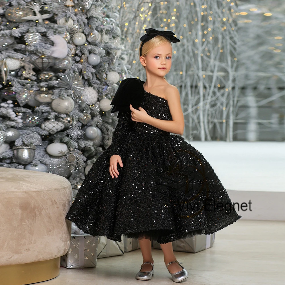 Top Trends: Black Full Sleeve Flower Girls Dresses With Sequined 2023 Summer One Shoulder Wedding Party Dresses Tutu Christmas Gowns Winter Shoppable Styles