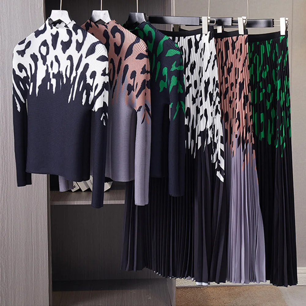 Top Trends: Fashion Two Piece Set For Women Autumn 2023 New Leopard Printed Stretch Miyake Pleated Tops And A-Line Big Swing Long Skirt Suit Shoppable Styles