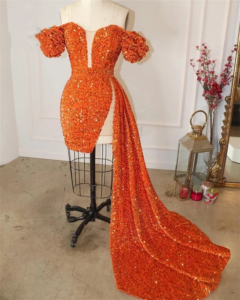 Top Trends: Sexy Orange Off The Shoulder Short Prom Dresses Mini Cocktail Gowns Ball Gown High Slit Birthday Party Dresses Shoppable Styles