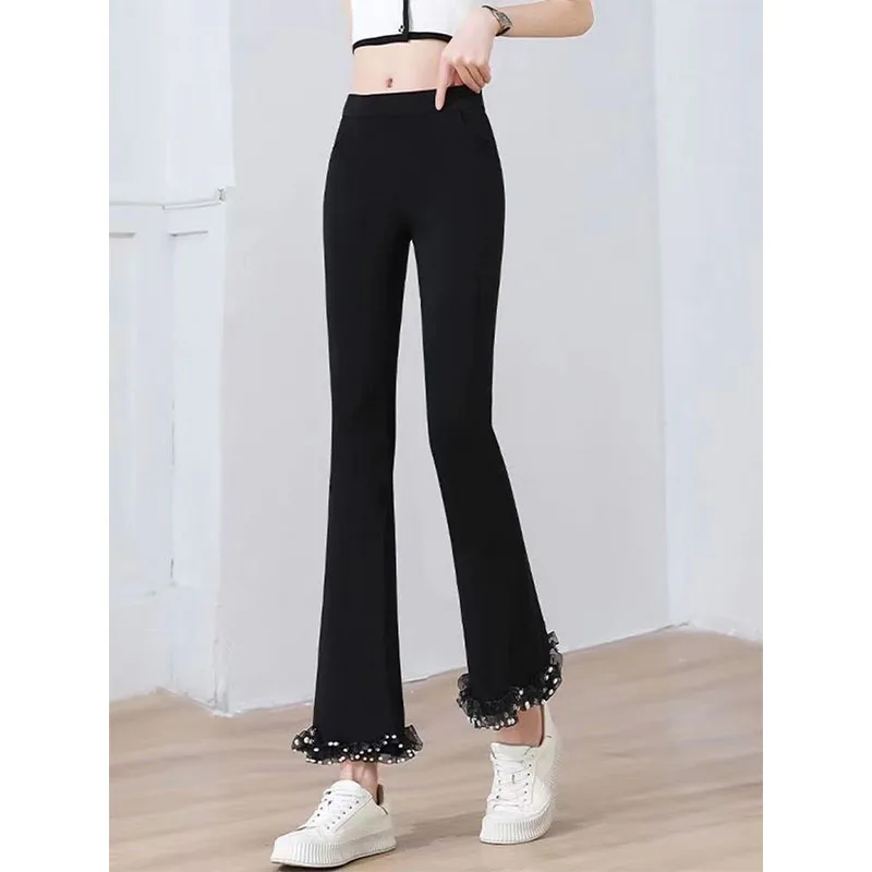 Top Trends: Office Lady Korean Black Flare Pants Spring Summer New Women Patchwork Lace Polka Dot Elastic High Waist Slim Fashion Trousers Shoppable Styles - Image 5