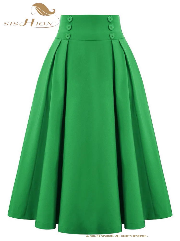 Top Trends: SISHION Elastic Waist A Line Elegant Flared Midi Skirts SS0037 Solid Color Black Green Red Women 60s Retro Vintage Pleated Skirt Shoppable Styles