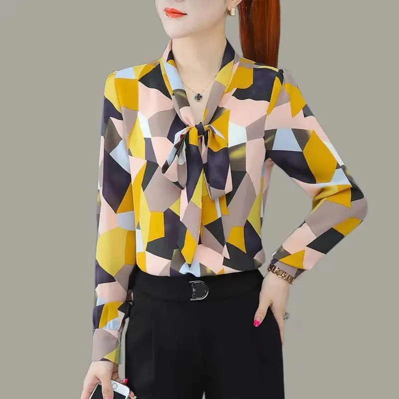 Top Trends: Women's Clothing Contrasting Colors Geometric Printed Blouse Spring Autumn Long Sleeve Scarf Collar Commute Button Bow Shirt New Shoppable Styles