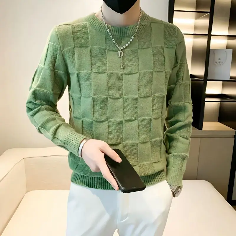 Top Trends: Autumn And Winter Round Neck Solid Color Patchwork Plaid Sweaters Men&#039;s Loose Casual Long Sleeved Pullover Bottom Knitted Tops Shoppable Styles