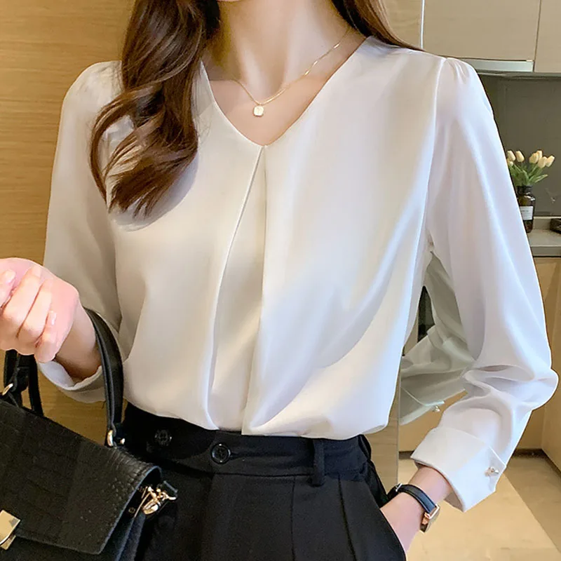 Top Trends: New Retro Pullover White Long Sleeve Solid Color Shirt Women's Simple Blue Tops And Blouses Chiffon Elegant Fashion Spliced Tops Shoppable Styles