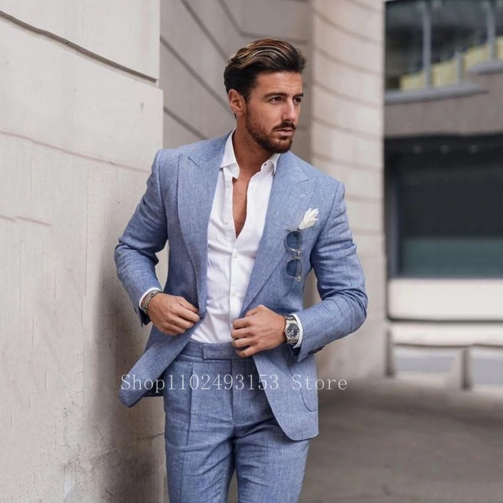 Top Trends: 2023 New Fashion Linen Male Suits Slim Fit Casual Peak Lapel 2 Pieces Best Men Groom Wedding Party Suits Costume Homme Mariage Shoppable Styles