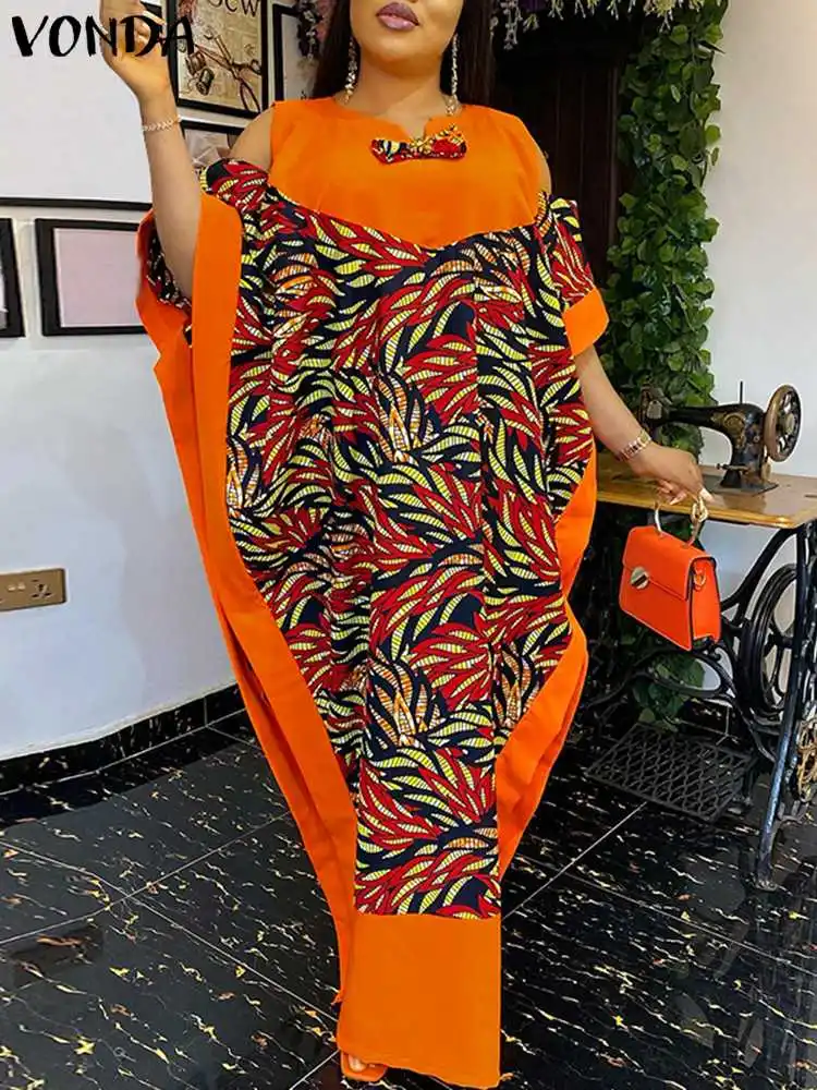 Top Trends: Plus Size 5XL VONDA Women Elegant Satin Long Dress Summer Cold Shoulder Printed Split Bohemian Party Sundress Casual Maxi Robe Shoppable Styles