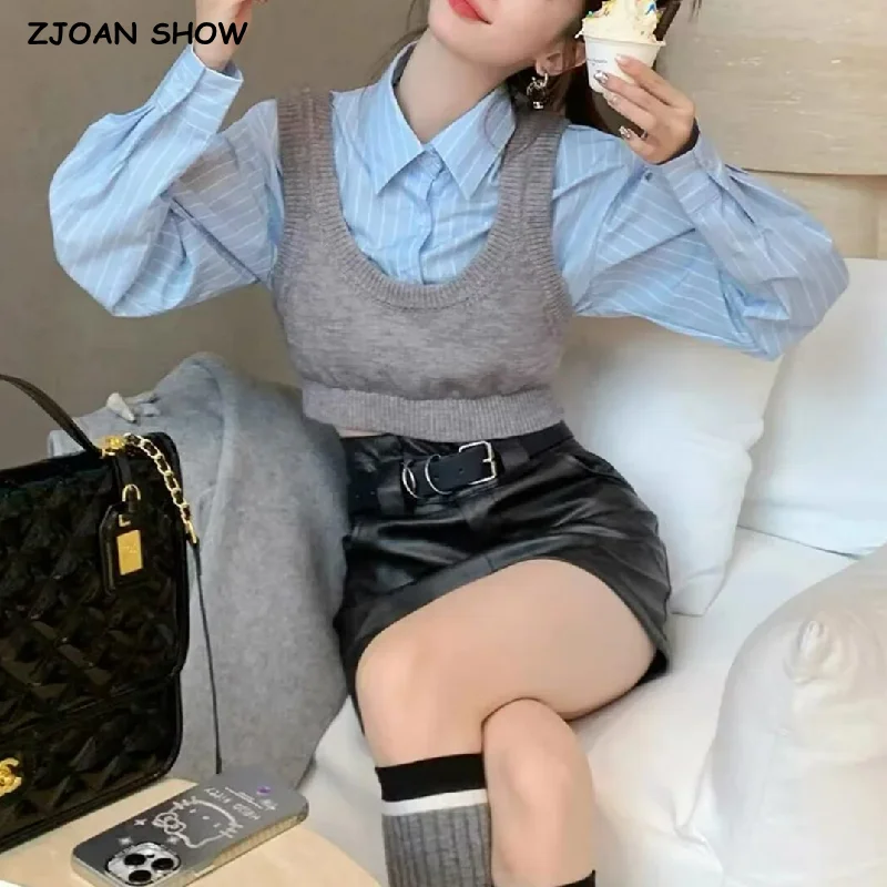 Top Trends: 2023 Autumn 2 Pieces 1 Set Knitted Rib Pullovers Sweater Vest + Lapel Full Sleeve Shirt Elastic Hem Crop Top Suits Knitwear Shoppable Styles