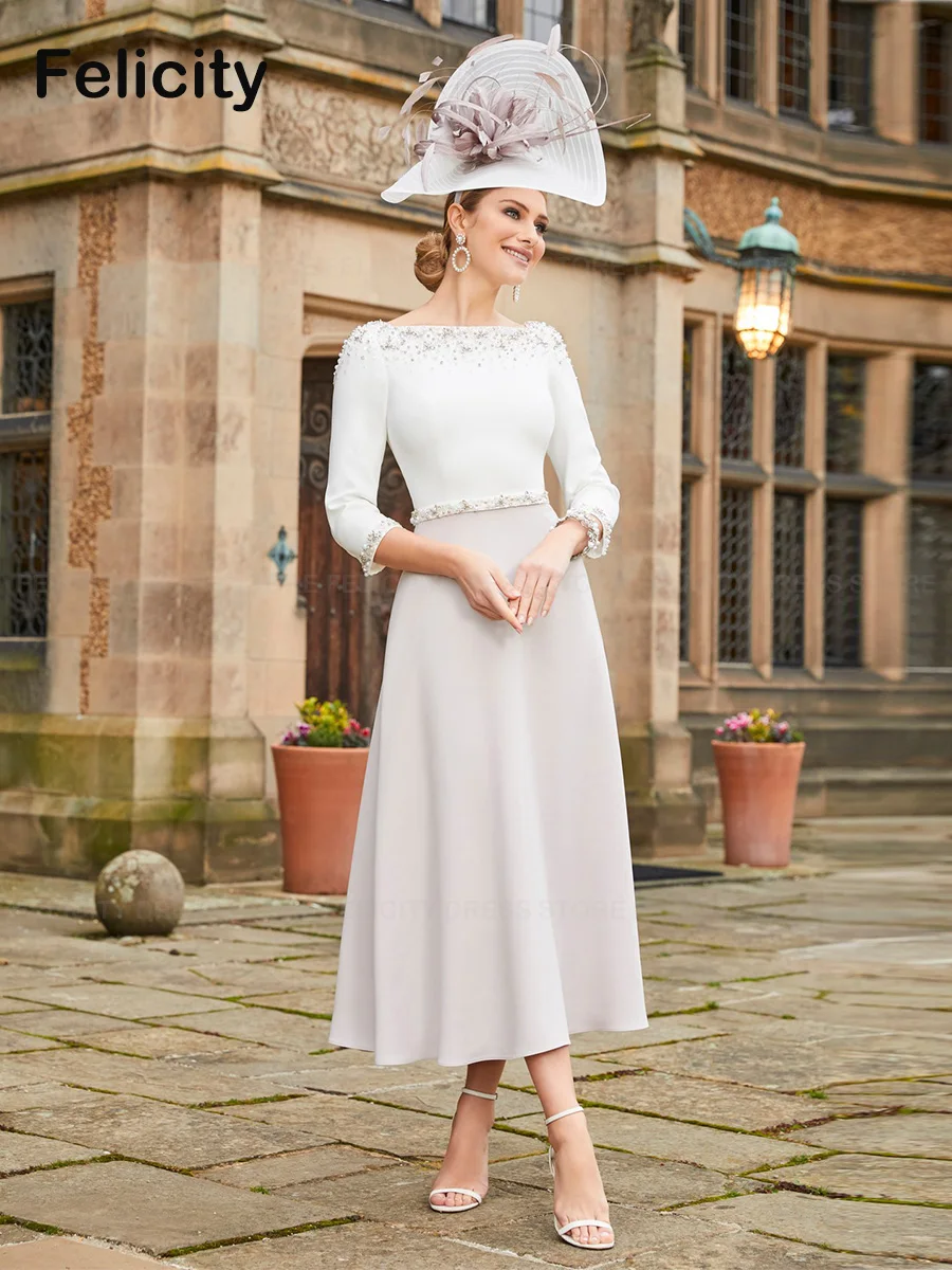 Top Trends: Luxury Mother Of The Bride Dresses 2023 A-line Formal Wedding Guest Dresses Beading Belt 3 / 4 Sleeve Tea-Length Vestidos De Gala Shoppable Styles