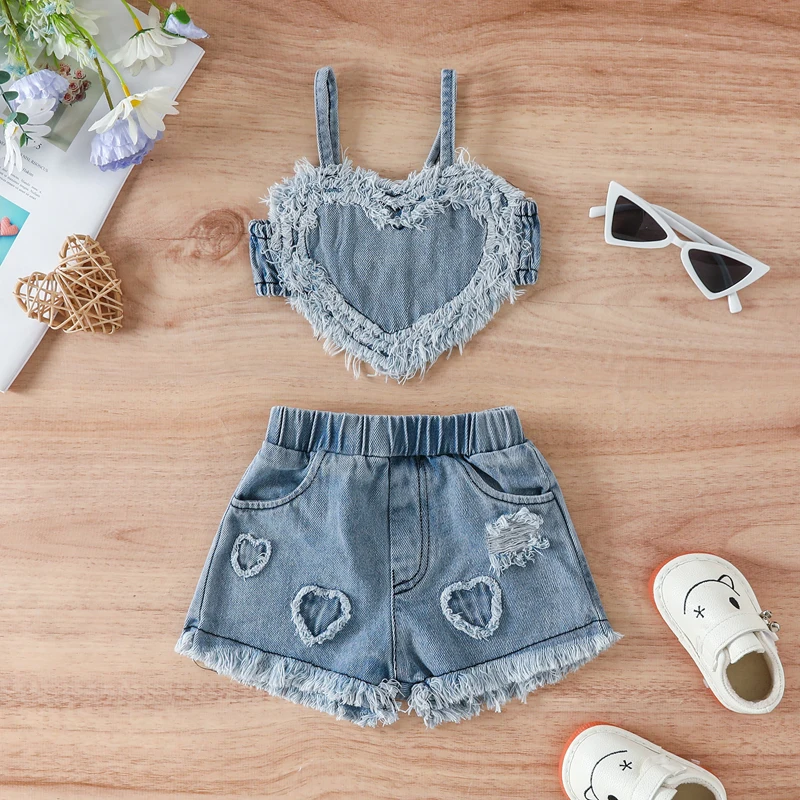 Top Trends: Listenwind Baby Girls 2-Piece Outfit Sleeveless Heart Camisole And Elastic Ripped Denim Shorts Summer Clothing Shoppable Styles