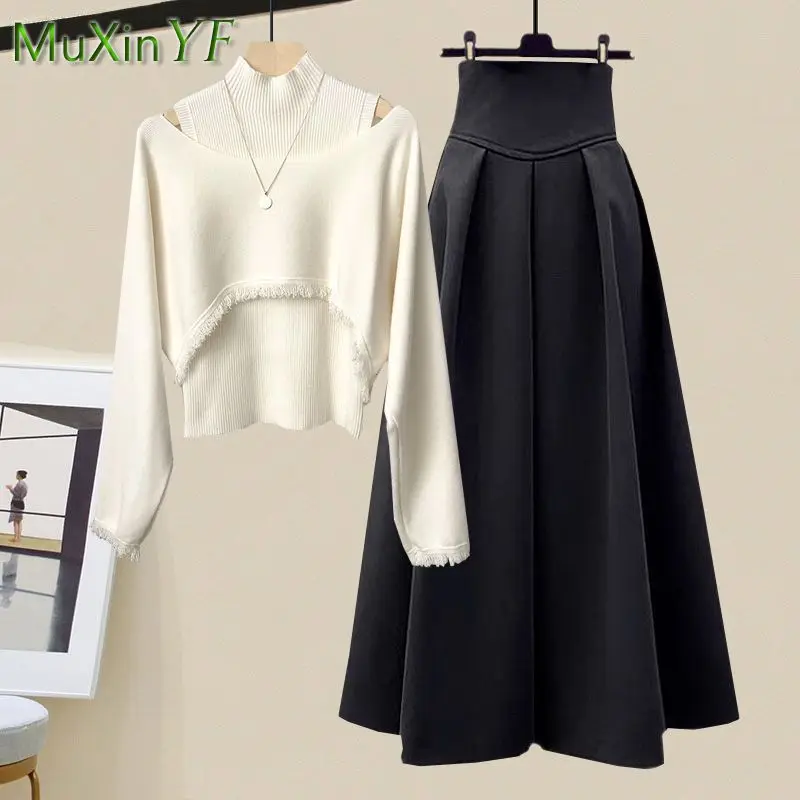 Top Trends: Women&#039;s Autumn Matching Set 2023 New Fashion Knitted Sweater+ High Neck Vest+ Midi Skirt Three Piece Korean Elegant Dress Suit Shoppable Styles