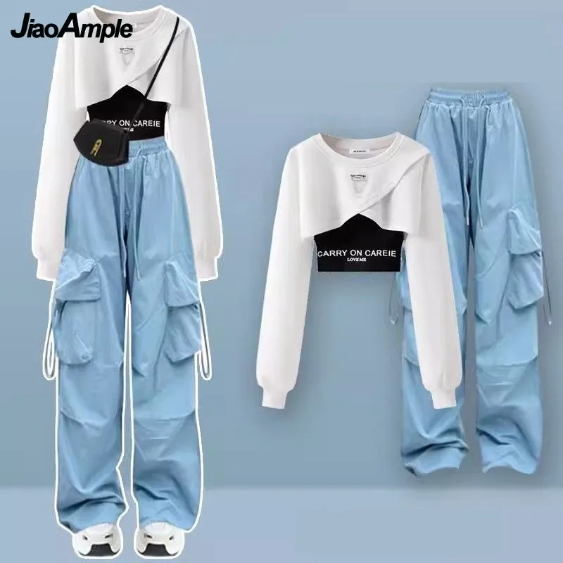 Top Trends: Women's Tracksuit Suit 2023 Autumn New Fashion Short Sweater+ Strap+ Cargo Pants Three Piece Korean Elegant Matching Set Shoppable Styles