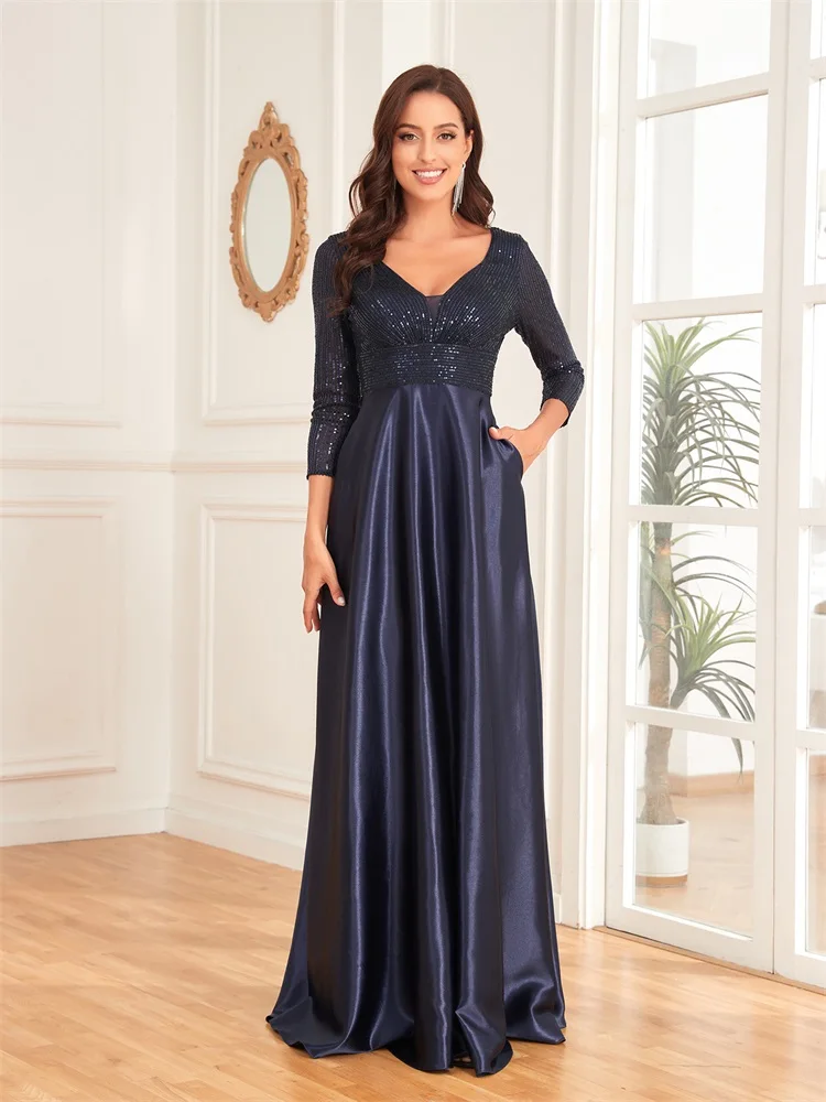 Top Trends: Lucyinlove Elegant Sequins Long Sleeve Evening Dress 2024 Women Deep V-neck Satin Prom Party Dress Floor Length Blue Formal Gown Shoppable Styles