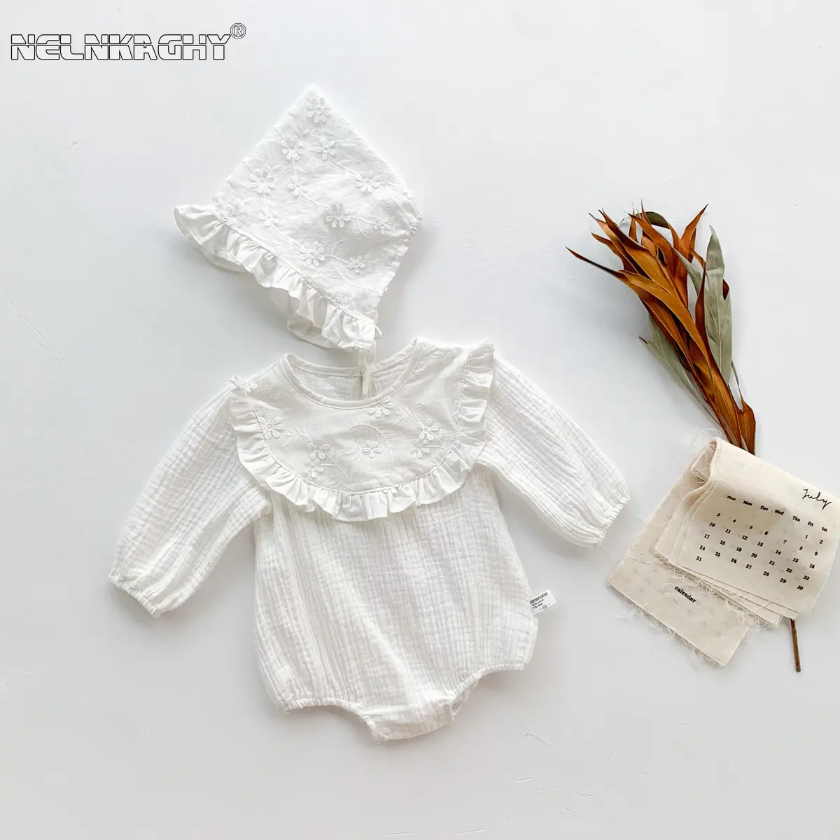 Top Trends: 2023 Autumn Newborn Baby Girls Full Sleeve Solid Color Embroidery Ruched Outfits Infant Kids Cotton Bodysuits+ hat Toddler 2pcs Shoppable Styles