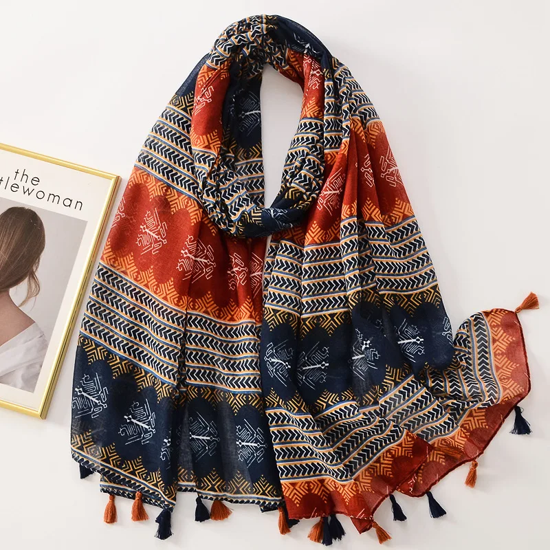 Top Trends: 2023 Autumn Fashion Aztec Geometric Tassel Viscose Shawl Scarf Lady High Quality Wrap Pashmina Stole Bufandas Muslim Hijab Sjaal Shoppable Styles