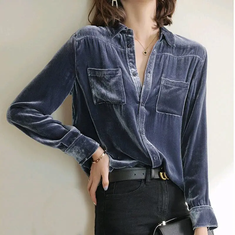 Top Trends: Office Lady Solid Color Polo-Neck Button Blouse Autumn Winter Korean All-match Pockets Spliced Golden Velvet Chic Shirt Women Shoppable Styles