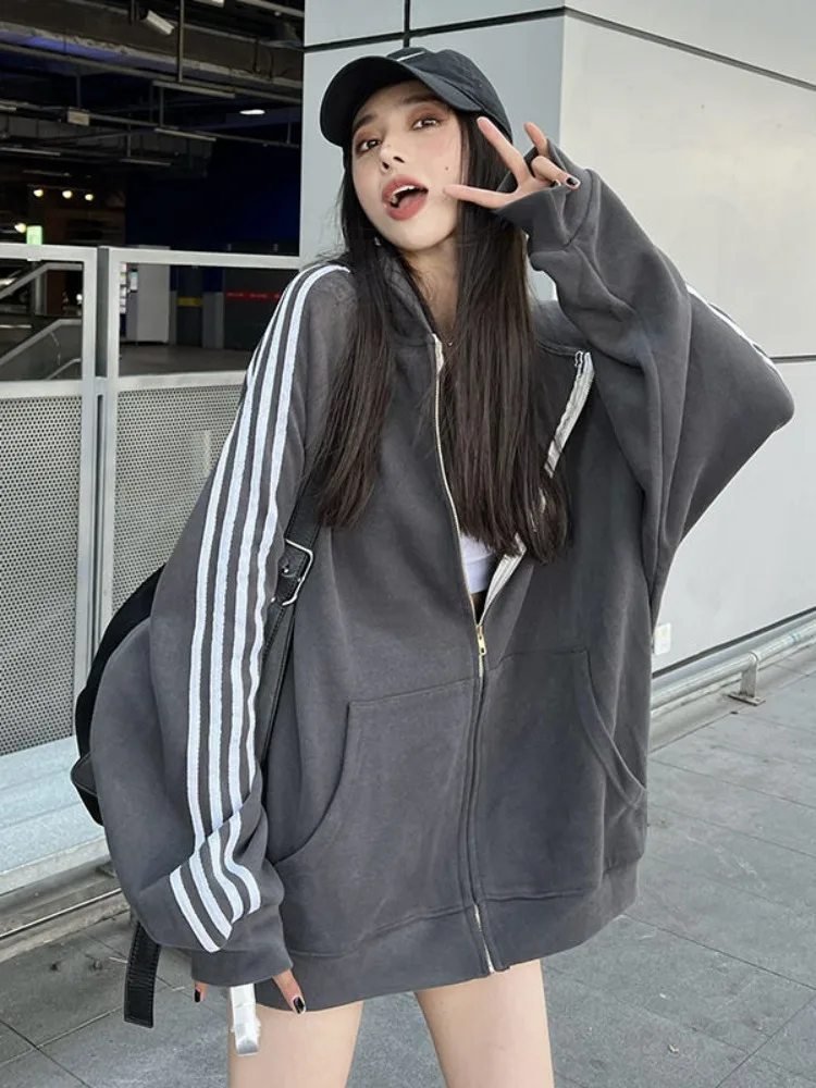 Top Trends: ADAgirl Vintage Grey Zip Up Hoodies Women Oversized Strip Causal Sweatshirts Autumn Streetwear Tops Coat Korean Style Fashion Shoppable Styles