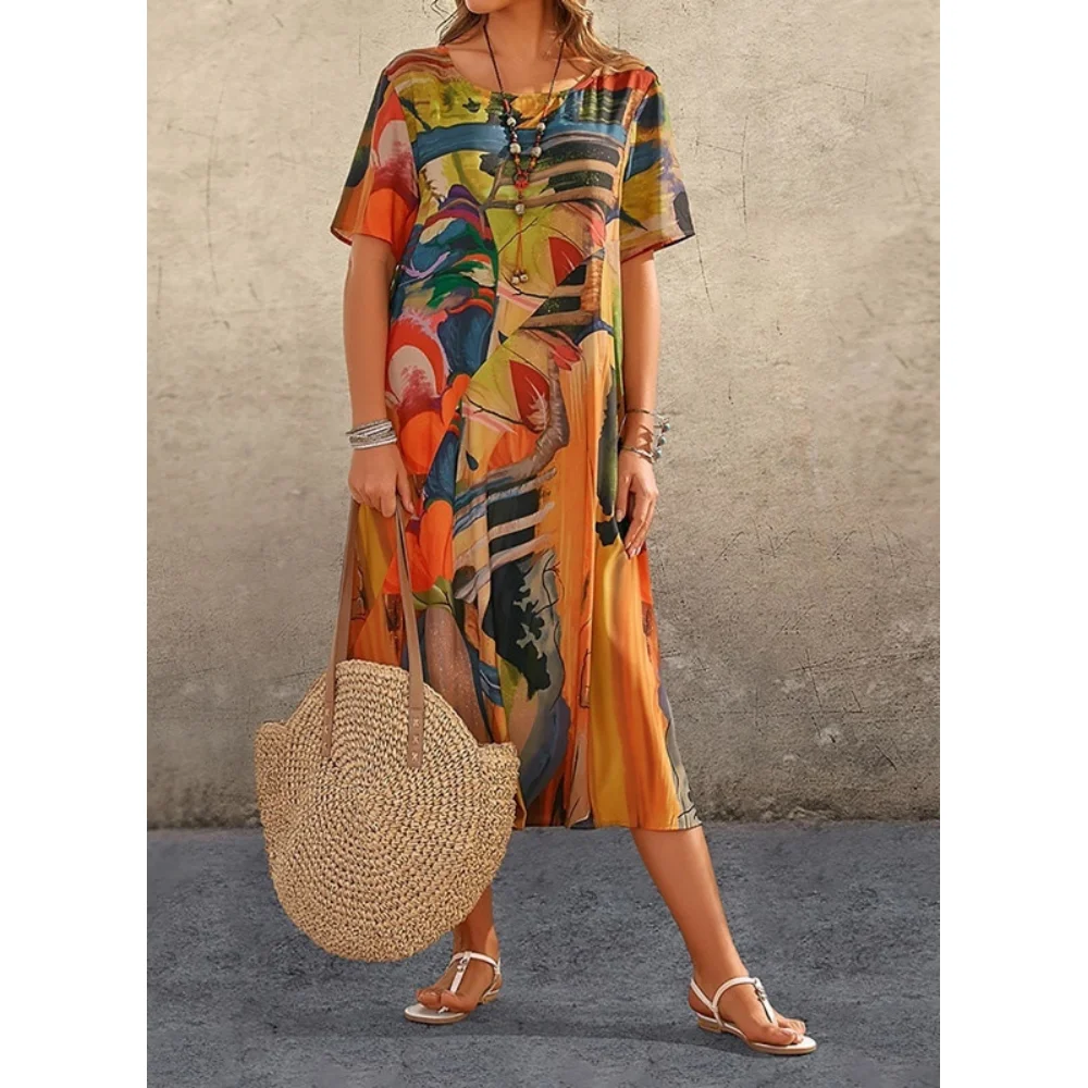 Top Trends: Womens Dresses 3d Hand-Painted Pattern Short Sleeve Tops Casual Fashion Loose Skirt Summer Lady Oversized Vacation Beach Dresses Shoppable Styles