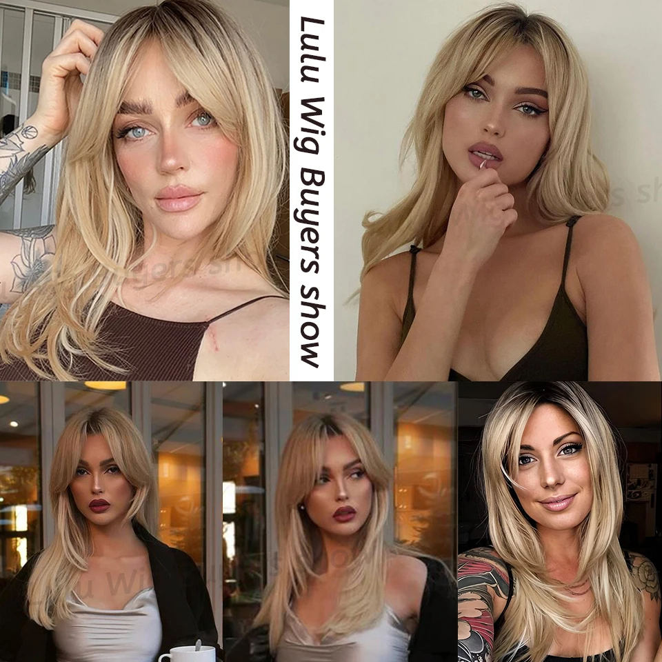 Top Trends: Long Blonde Wigs For Women Layered Synthetic Hair Wig With Dark Roots Ombre Black Blonde Ash Wigs With Bangs For Daily Party Shoppable Styles - Image 6