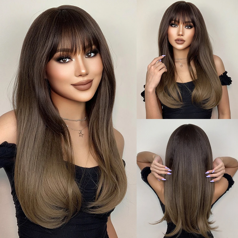 Top Trends: HAIRCUBE Long Straight Brown Ombre Synthetic Wigs With Bangs For Black Women Natural Hair Daily Cosplay Heat Resistant Wigs Shoppable Styles