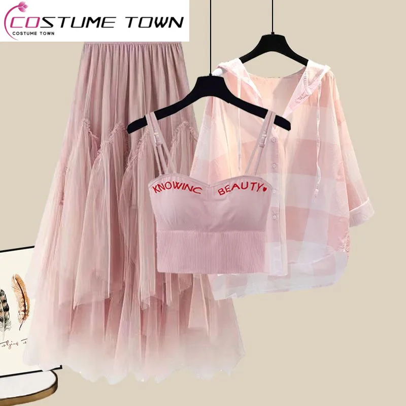 Top Trends: Oversized Women's Spring Set Women's 2023 New Slim Shirt Korean Edition Hanging Strap Mesh Half Skirt Three Piece Set Fashion Shoppable Styles