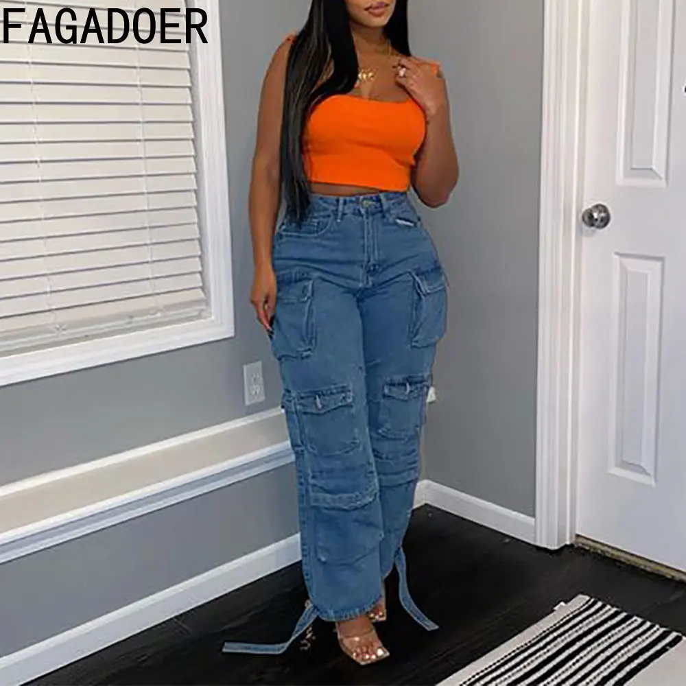 Top Trends: FAGADOER Blue Casual Pocket Denim Cargo Pants Women High Waisted Button Wide Leg Jeans Y2K Fashion Female Streetwear Clothing Shoppable Styles