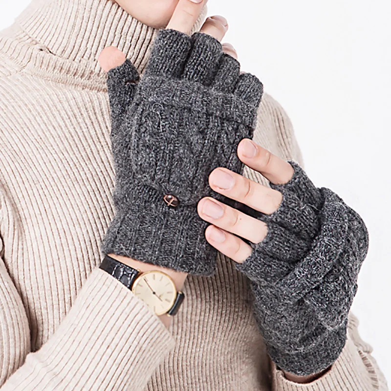 Top Trends: Unisex Wool Knitted Fingerless Flip Gloves Winter Warm Finger Free Touchscreen Glove Men Women Exposed Finger Mittens Gloves Shoppable Styles