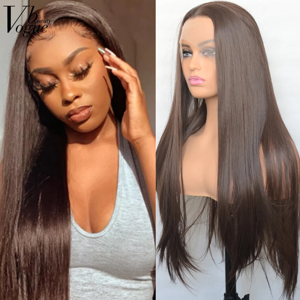 Top Trends: Voguebeauty Dark Brown Synthetic Lace Front Wig Silky Straight Heat Resistant Fiber Natural Hairline Cosplay For Women Shoppable Styles